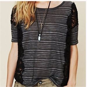 Free People Battenburg Lace Striped Tee Grey